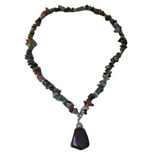 Vintage Artisan Natural Gemstone Stone Bead Collar Necklace Pendant Boho Earthy